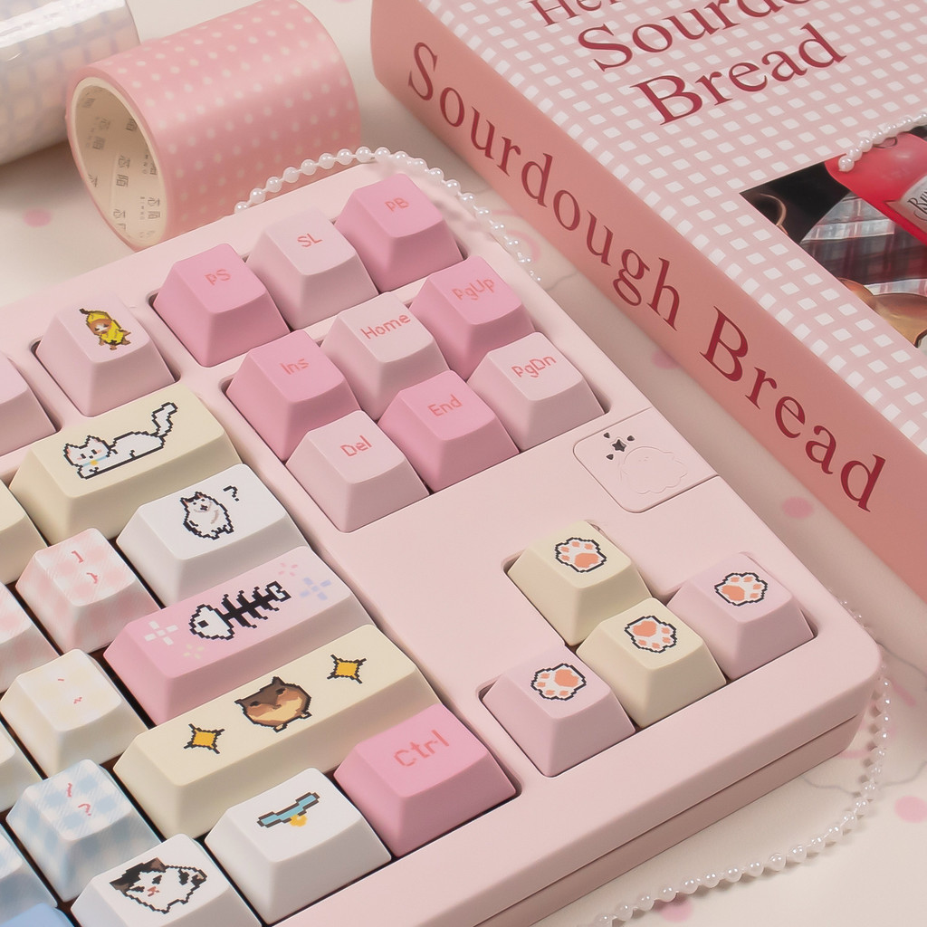 Pink kitten Keycaps Dye-sub Cherry profile PBT keycaps set Emojis keycaps sets For MX 61/68/96/104
