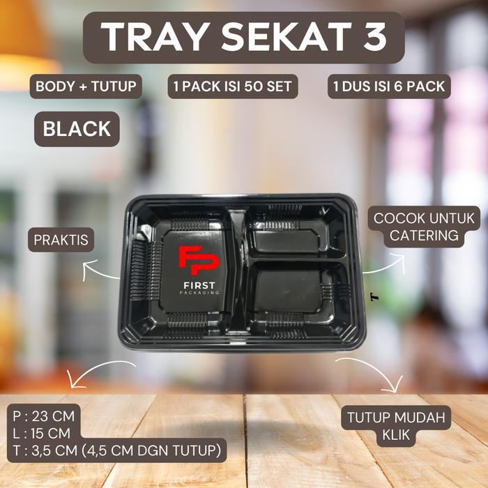 Ready Tray Sekat 3 Black Mika Bento Partisi Sekat 3 Tempat Makan Hokben Terlaris