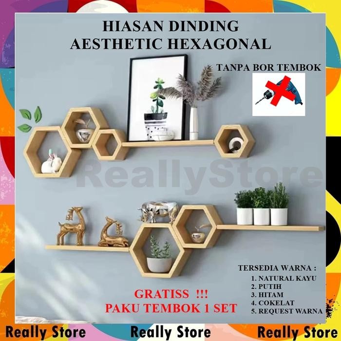 

SIAPKIRIM Rak Dinding Hexagonal san Dinding Aesthetic Rak Hexagonal Kayu Jati Belanda Pajangan san