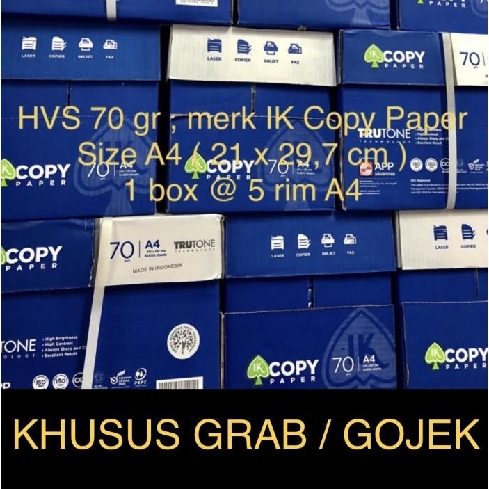 

NEW PRODUK HVS A4 70 GR MERK IK COPY PAPER ( BOX ) KHUSUS GRAB / GOJEK WARUNG ARA67