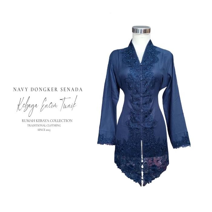 Kebaya Encim Tunik Kartini Katun Bordir Modern Lengan Panjang Navy