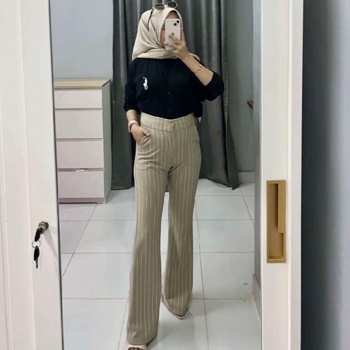Flare Pants Stripe Bangkok - Celana Semi Cutbray Import Premium - Cutbray Hightwaist Pants - Celana