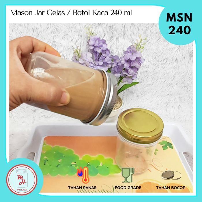MSN240 Grosir 1 Dus Gelas Toples Jar Kaca Mason 240 ml - Tutup Kaleng Ulir Silver & Gold