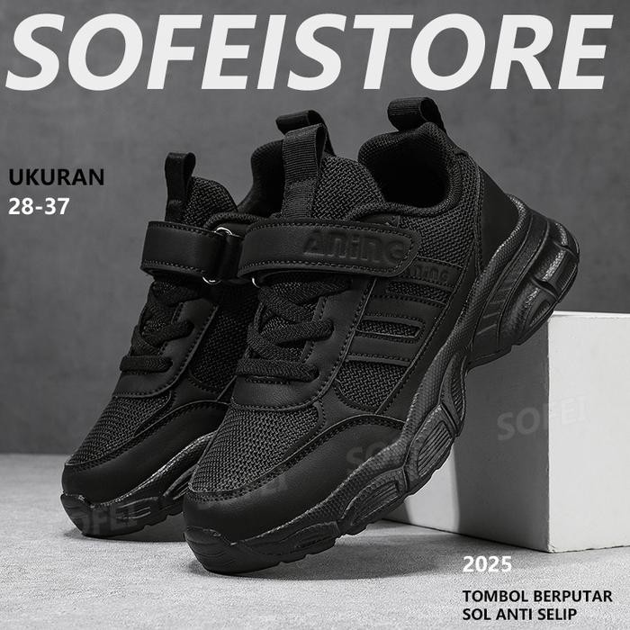 SOFEISTORESepatu Anak Hitam Sepatu Olahraga Anak Sepatu Olahraga Anak Bernapas Anti-slip Sepatu Anak
