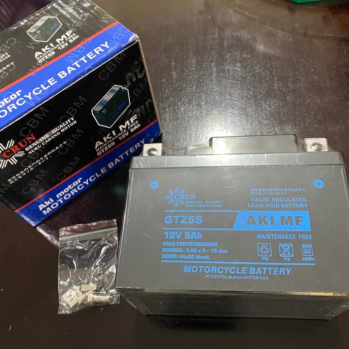 NEW.. CRUN GTZ5S AKI MF KERING MOTOR 12V 5AH ACCU SUPRA X 125 KHARISMA VARIO