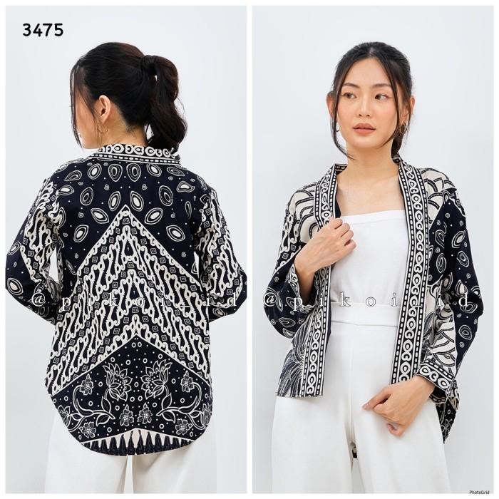 Cardigan Batik Wanita Panjang / Outer Batik Modern Seragam Kantor Navy