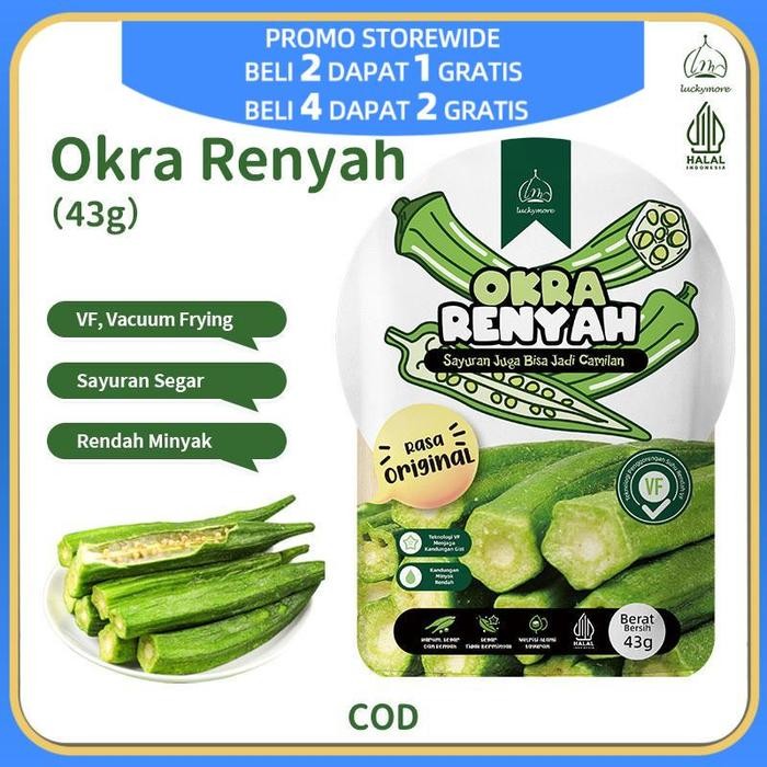 Luckymore - HALAL Okra Renyah 43gr, Keripik Sayur Okra, Keripik Okra, Okra Kering, Cemilan Sehat,