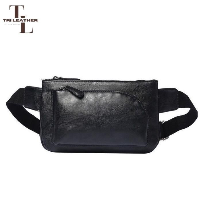 Tri Leather - WB TWISTER HITAM - Tas Selempang Kulit Pria Wanita Unisex Hitam Polos Bahan Kulit