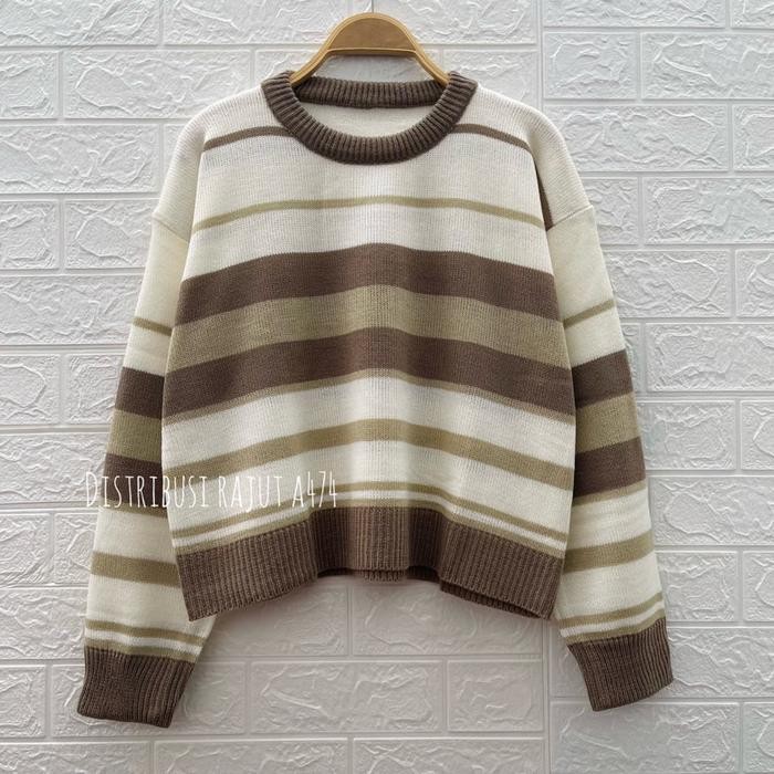 HRG DISKON SWEATER RAJUT CROP SABRINA MOTIF STRIPE WANITA KOREA LENGAN PANJANG Atasan Top Garis Baju