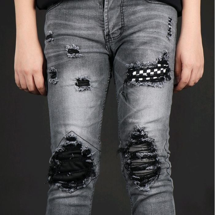 ftxr- North Denim Celana Jeans Denim Panjang Pria Strech Ripped Patch Leather Cotton -