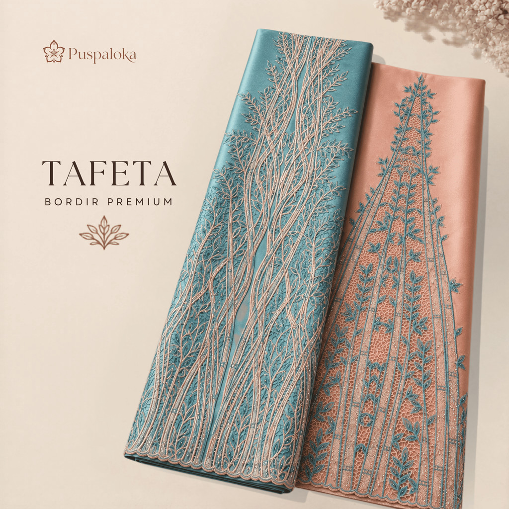 Puspaloka Bahan Setelan Kurung Melayu Bordir Bunga Bambu Kain Tafeta Premium