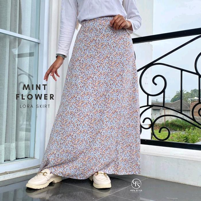 FEFA STYLE - LORA SKIRT Rayon - Rok wanita korea motif bunga - rok motif bunga - MINT FLOWER, M
