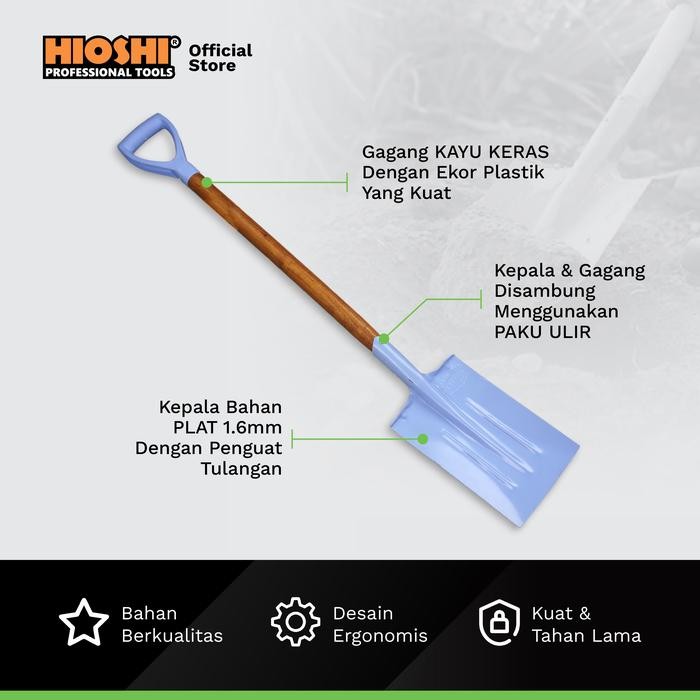 Hioshi /Hst002C/Sekop/Spardan/Pasir/Tanah/Baja/Gagang Kayu/Biru Muda - Eco