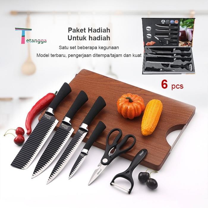 Set Pisau Dapur isi 6pcs Hitam Pisau Set 6 pcs Black Pemotong Gelombang Baja Tahan Karat/VS 1813