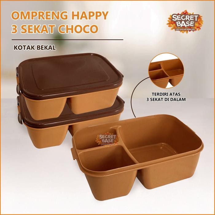 OMPRENG HAPPY 3 SEKAT CHOCO - Ompreng Kotak Makan / Kotak Bekal / Lunch box Sekat