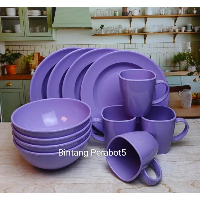 Peralatan Makan Melamin 1 Set dengan Piring, Mangkok, dan Cangkir Moel Bulat untuk Dinnerware -
