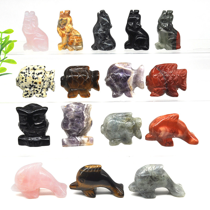 Owl Wolf Fish Dolphin Animal Statue Natural Healing Crystal Stone Carving Gemstone Figurines Furnish