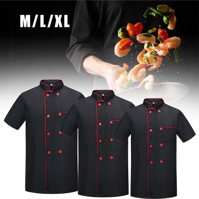 SIAPKIRIM Baju Chef Pria/Wanita Baju Koki Chef Unisex Chef Jacket Hitam Seragam Chef Baju Masak Koki