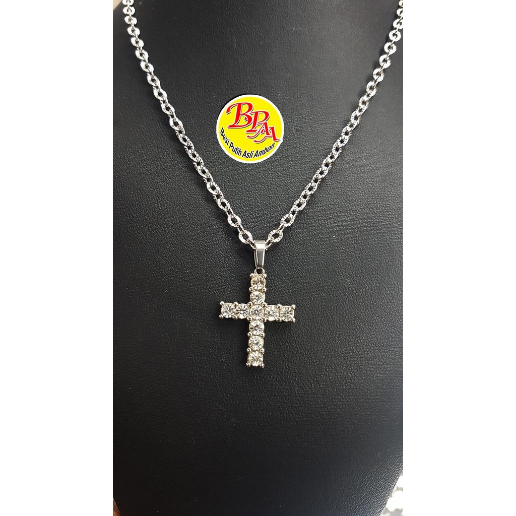 Kalung Nuri 50cm + Leontin Kristal full mata,Besi Putih Asli Ambon