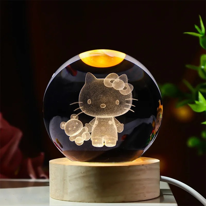 6cm Anime Figure Hello Kitty Kuromi Crystal Planet USB Night Light 3D Crystal Ball Laser Carving