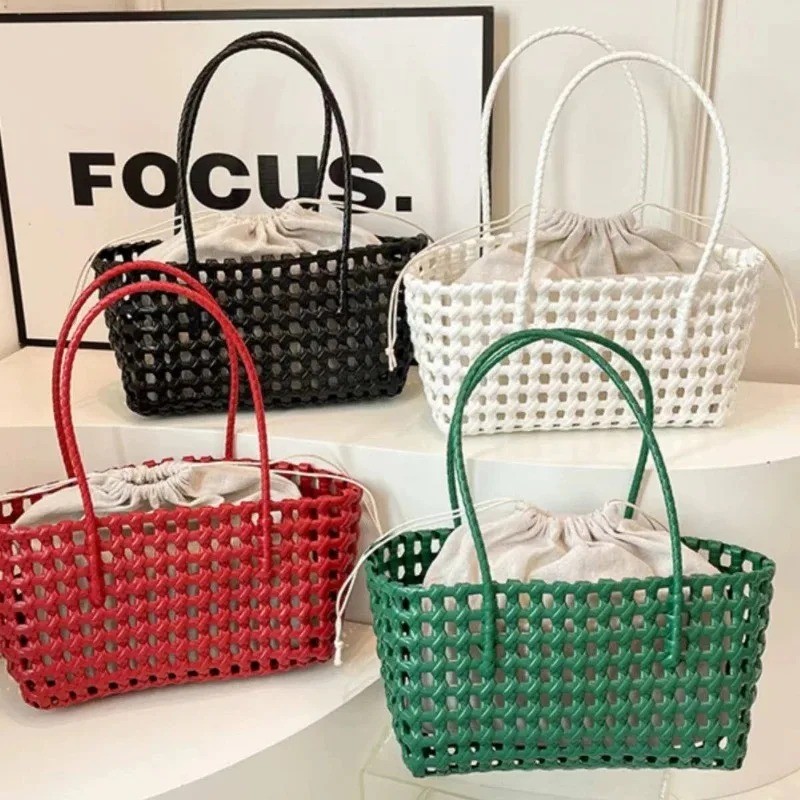Plastic Hollow Weave Beach Tote Bag Countryside Bohemian Style Large Capacity Bucket Bag Women PVC