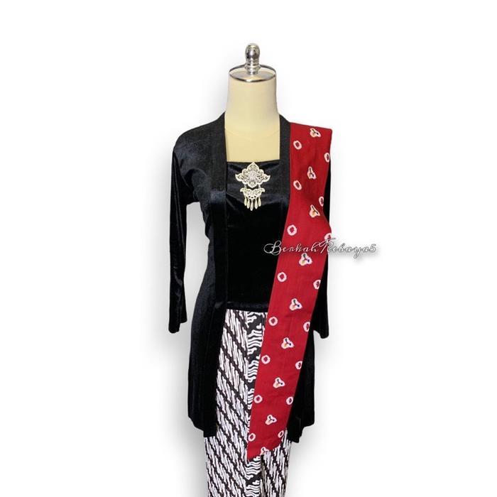 STELAN KEBAYA TUNIK KUTU BARU BLUDRU / KEBAYA + SELENDANG + JARIK - Hitam, S
