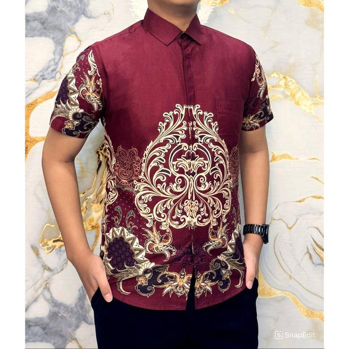 KEMEJA BATIK PRIA SLIM FIT MERAH / BAJU BATIK PRIA MERAH IMLEK LS539