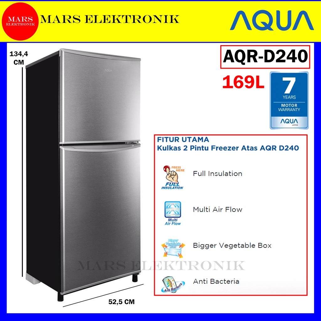 KULKAS AQUA AQR-D240 - 169 LITER -  KULKAS 2 PINTU - AQR D 240 - AQR240 - READY - FREE ONGKIR MEDAN