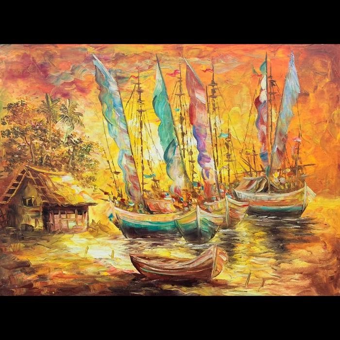 Lukisan Nelayan Senja Laut Abstrak Timbul Kanvas