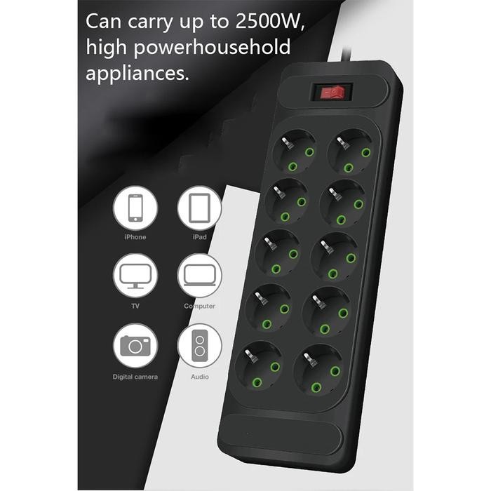 Terhemat Stop Kontak Usb Type C Colokan Listrik 10 Lubang Eu Plug Flame Retardant 10A 250V 2500Watt