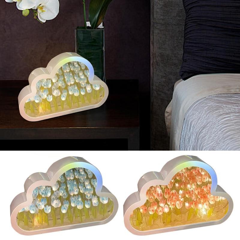 Cloud Tulip Lamp Handmade DIY Cloud Tulip Mirror Small Night Light Bedroom Ornaments LED Tulip Table