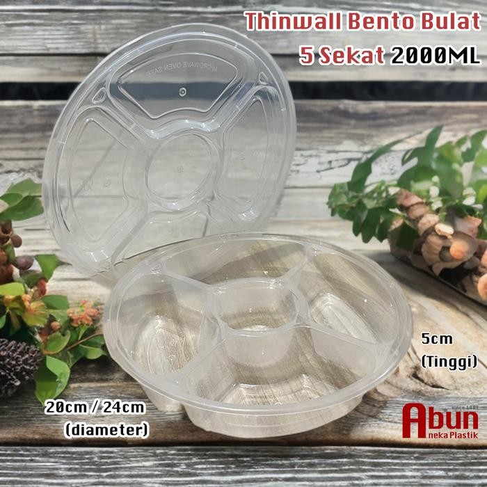 Thinwall Bento Bulat 2000Ml Sekat 5 Dm Isi 25Pcs Pasti Ori