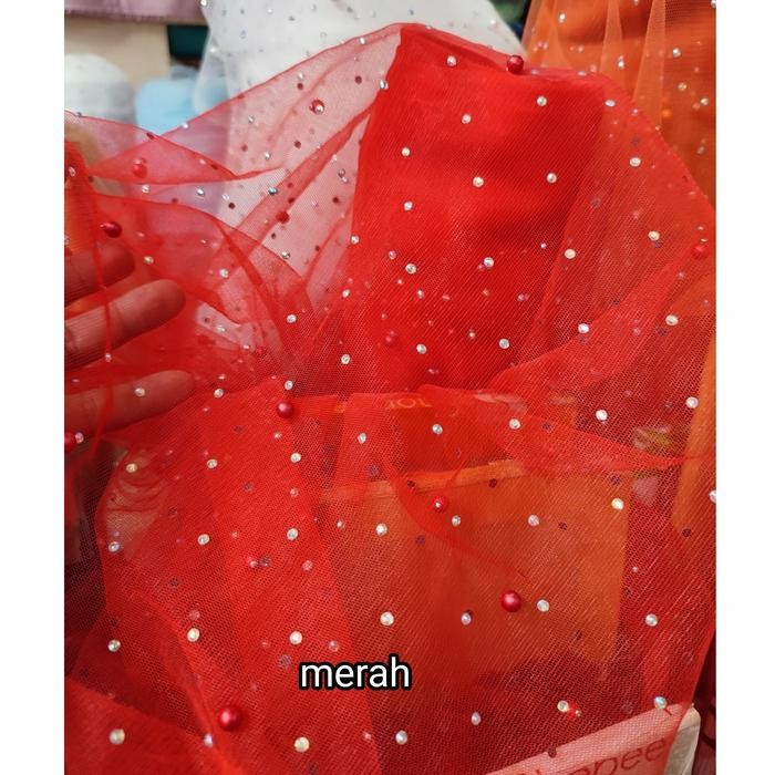ORIGINAL Kain tile mutiara swarovski / Bahan tulle mutiara batu swarovski READY STOCK