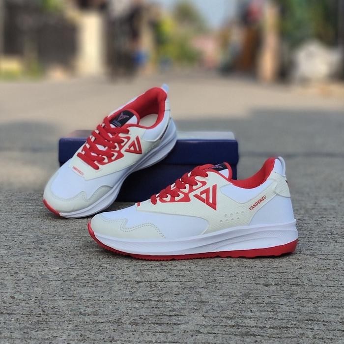 STOK TERBATAS  SEPATU RUNNING SNEAKER OLAHRAGA PRIA WANITA VANDERZU FR 302 PUTIH LIS MERAH
