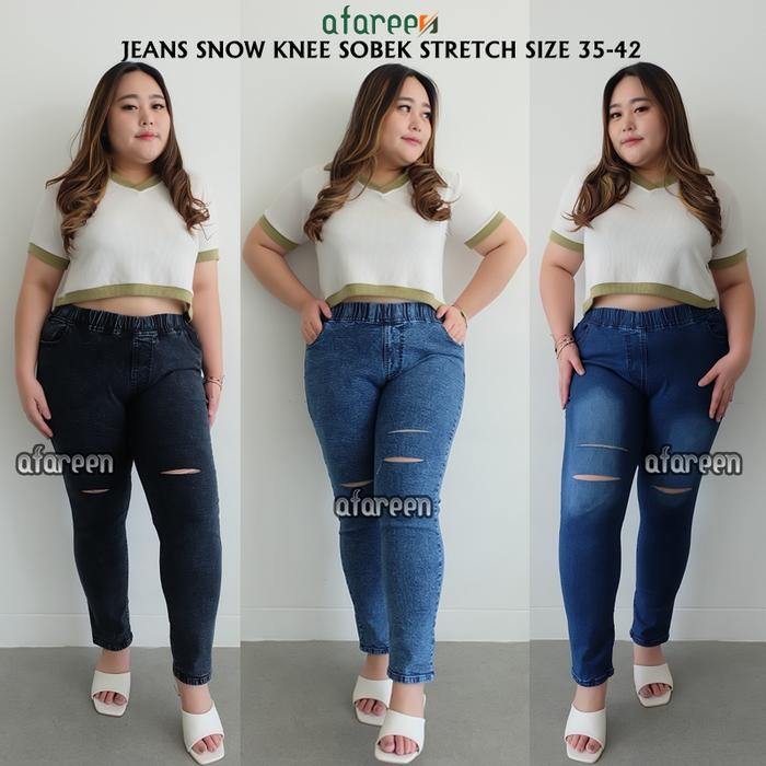 9qli- Afareen - Jeans Sobek Wanita Pinggang Karet Jumbo Celana Jeans Snow Sobek Ripped