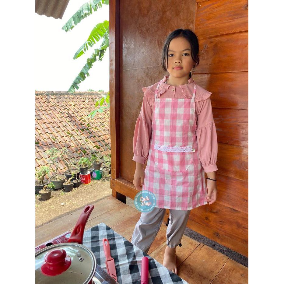 Apron Masak Anak / Apron Anak Biasa / Apron Anak Kain Gingham Estetik Ala Korea