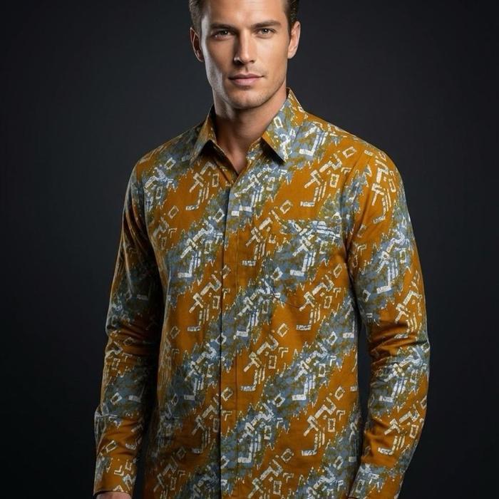 Batik Kemeja Pria dan wanita bahan katun lapisan trikot warna kuning kunyit - PRIA, S