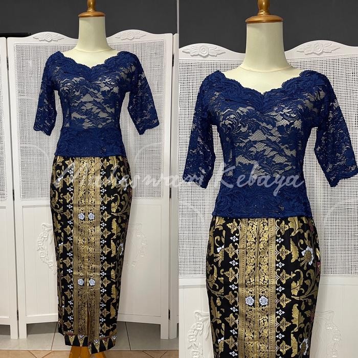 Kebaya Bali Set Brukat Sabrina Pendek Navy Rok Panjang