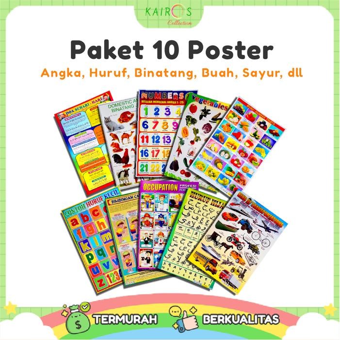 

OJ Paket 10 Poster Belajar Anak Edukasi Angka, Huruf, Binatang, Buah, Sayur, Random Motif Karton