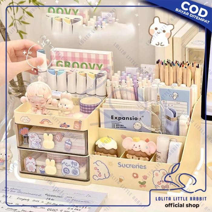

Rak Plastik dengan Laci 2 Tingkat Motif Bunny Desk Orginizer / Rak Kosmetik / Rak Laci Mini