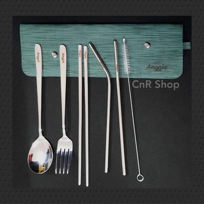 sendok korea set sujeo sumpit garpu sedotan custom grafir