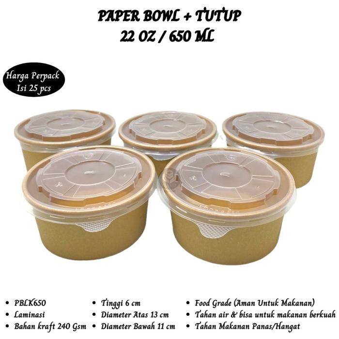 DJJ Paper Bowl 650 Ml Rice Bowl 22 Oz Plus Tutup (Isi 25 Pcs-PBLK650)