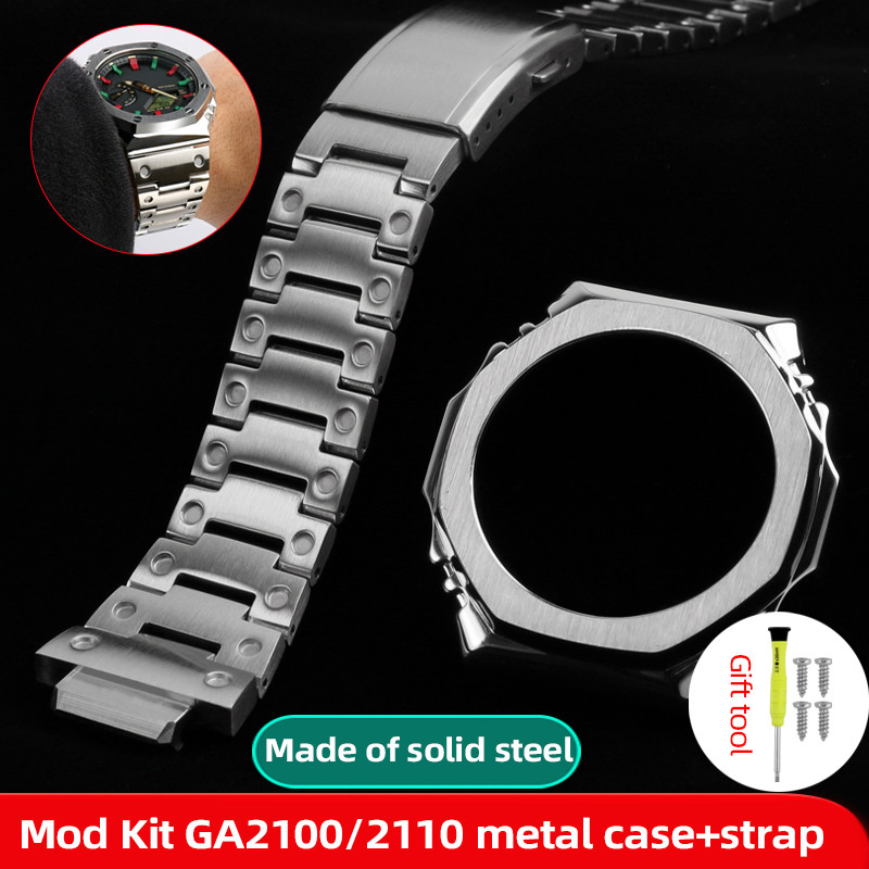 IMPORT Mod Kit GA-2100 GA2110 GA-B2100 metal strap+case For Casio G-shock GA2100 modified Silver