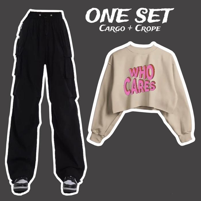 080j- One Set Sweater Croptop Dan Celana Kargo Kekinian Motif Who Bahan Fleece Atasan Baju