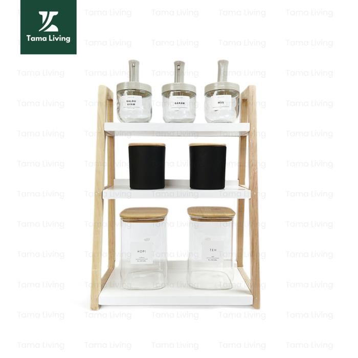 TAMA LIVING Rak Kayu 3 Tingkat Jar Bumbu Dapur Rak Bumbu Dapur Estetik Rak Kayu Susun Tatakan Kayu