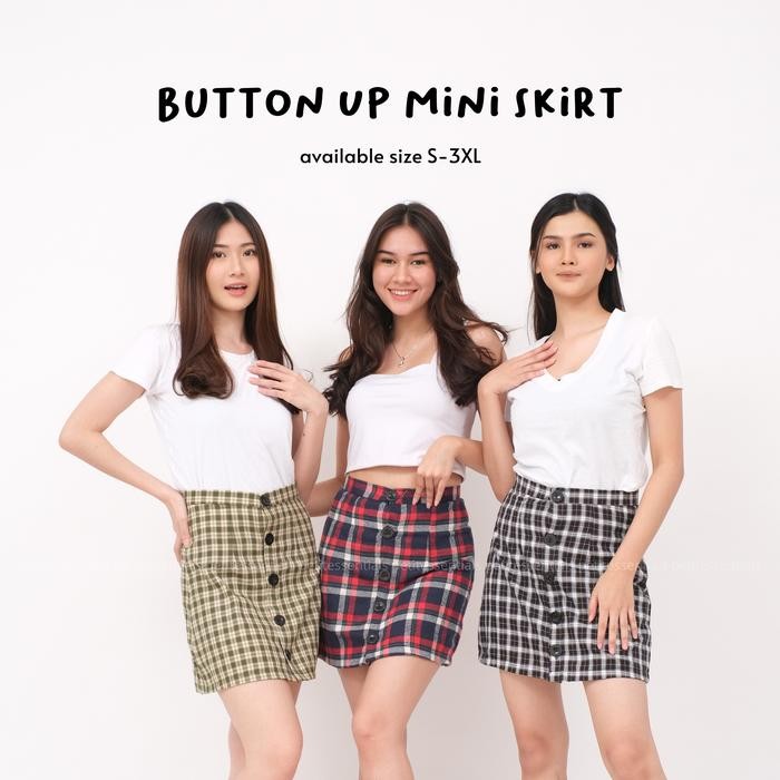 Button Up Mini Skirt Rok Pendek Kancing Rok Kotak-Kotak Korea Mini Promo