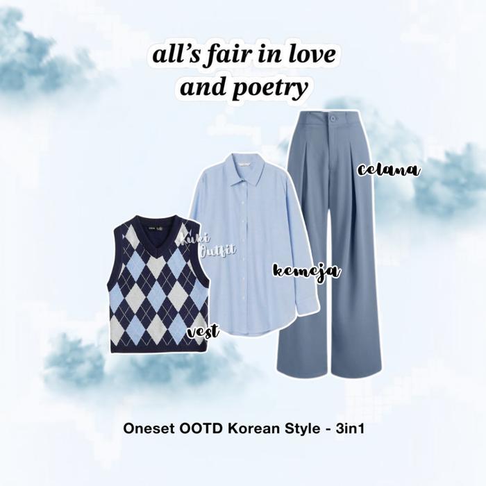 KUKI OUTFIT - Oneset Korean Style (Vest, Kemeja, Celana) Rajut Style Outfit K-Drama School - KK163