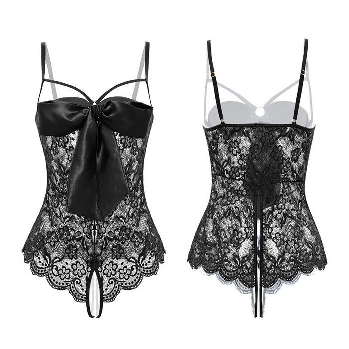 Lingerie Wanita Open Bodysuit Transparan Pita jumpsuit Plus Size A5220