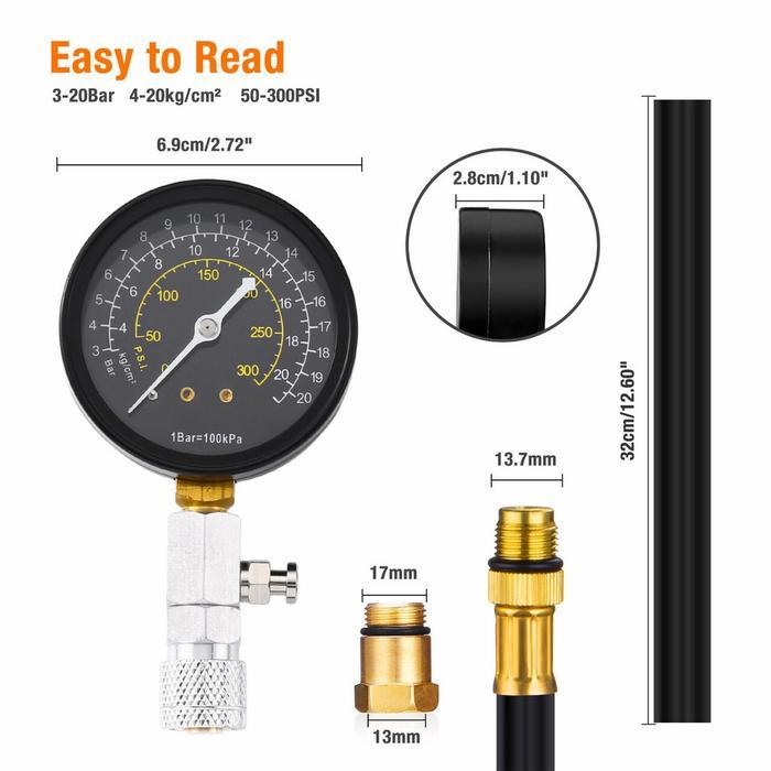 0-300Psi Engine Cylinder Compression Pressure Tester Gauge Gas Check