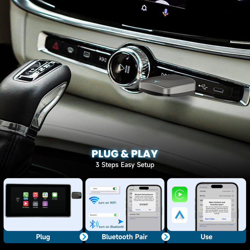 Wireless CarPlay & Android Auto Adapter, Plug & Play Dongle for iOS 10+ / Android 11+ USB-A/C